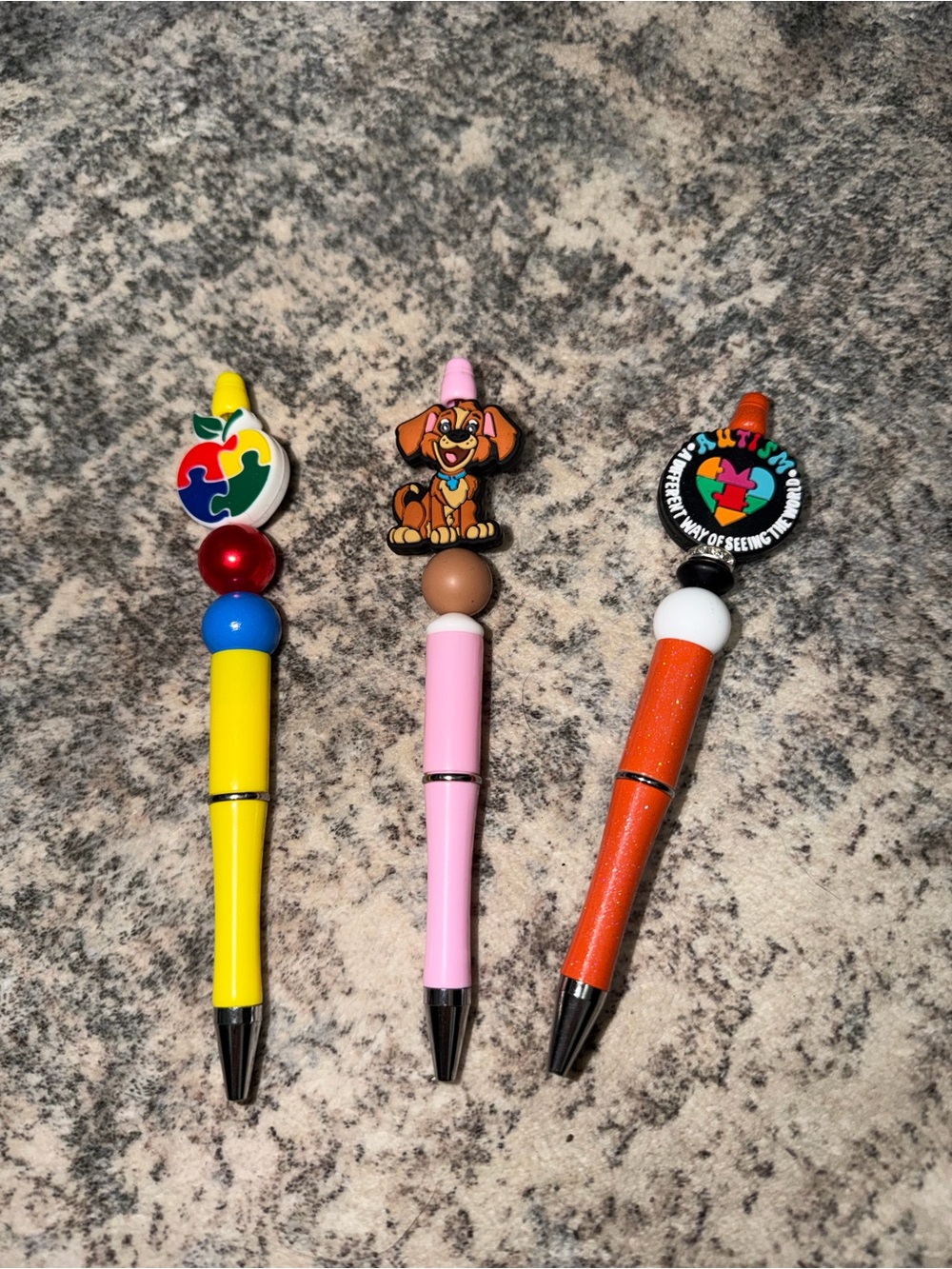 Kids Novelty Yellow, Pink & Orange Pen Set - Cute Character Toppers